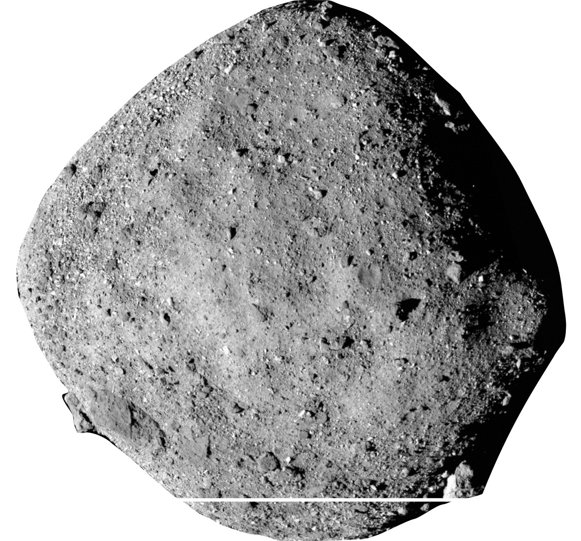 Dark gray oblong body of rubble with 500 m scale-bar spanning its diameter.